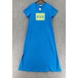 Done Down Under Womens Maxi Dress M Blue Pullover Short Sleeve Flowers Ribbed